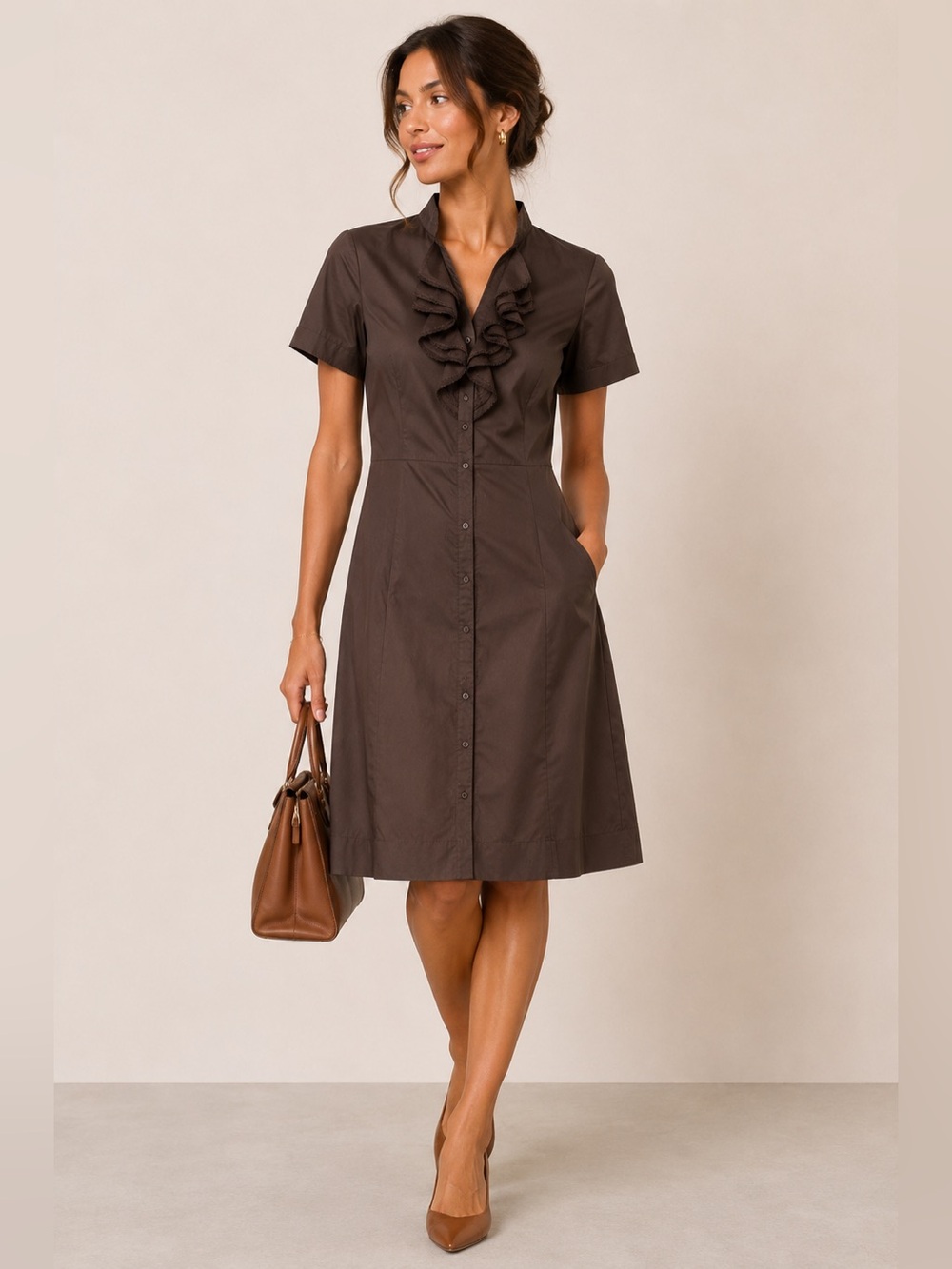 Saks Fifth Avenue Brown Ruffle-Front Midi Dress
